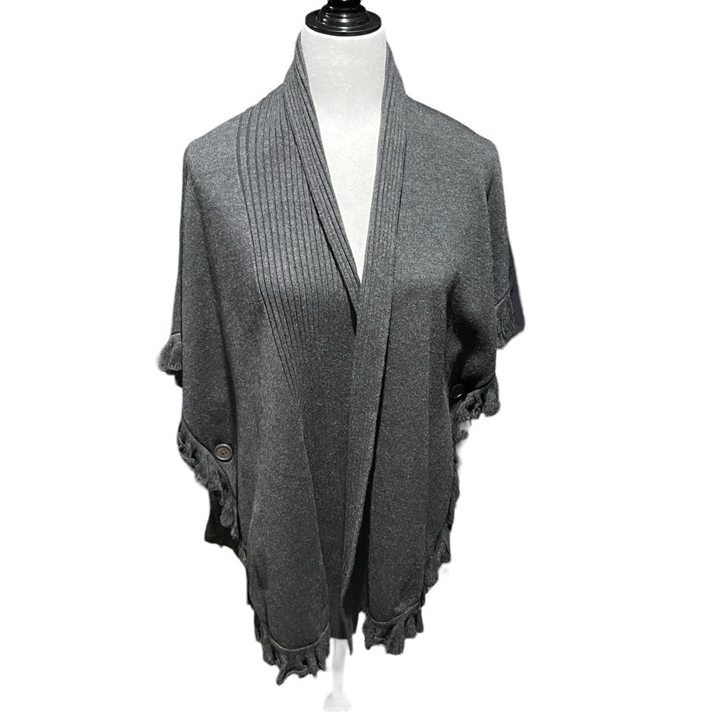 Joseph A Sweater. Cardigan, Cape- Dark Gray - Size Large- Ruffles-Arm Holes
